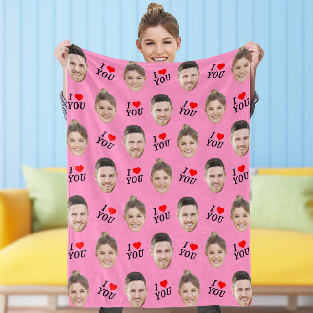 I LOVE YOU Custom Couple Face Blanket Personalized Photo Blanket Best Valentine's Day Gifts