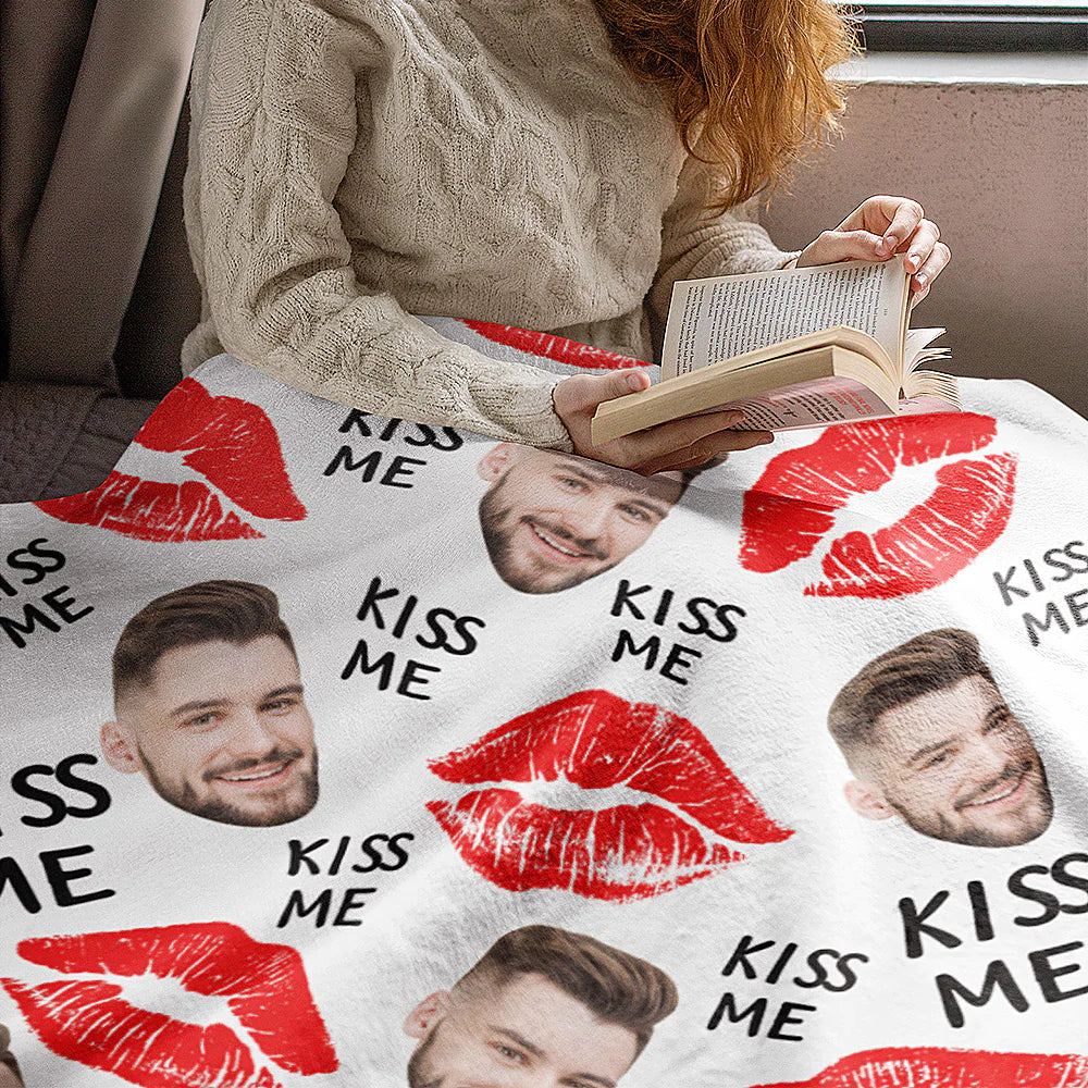 KISS ME Custom Face Blanket Personalized Photo Blanket Best Valentine's Day Gifts for Him