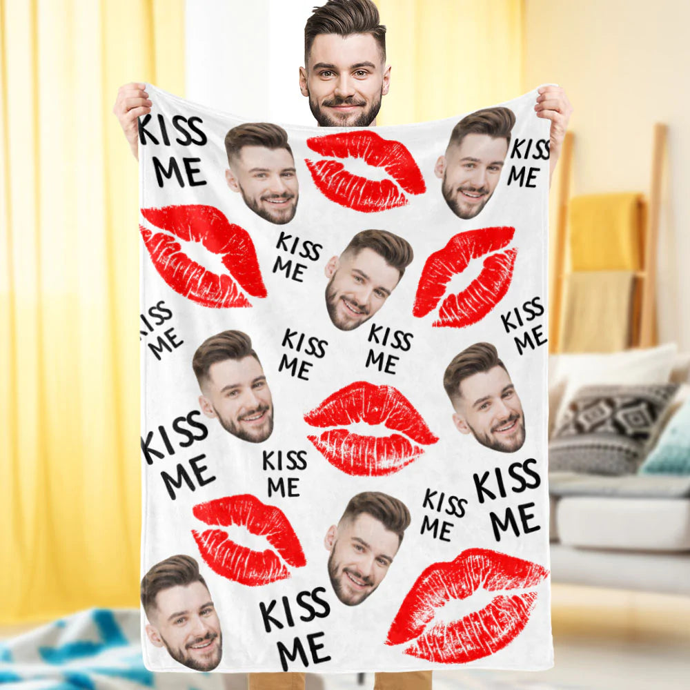 KISS ME Custom Face Blanket Personalized Photo Blanket Best Valentine's Day Gifts for Him