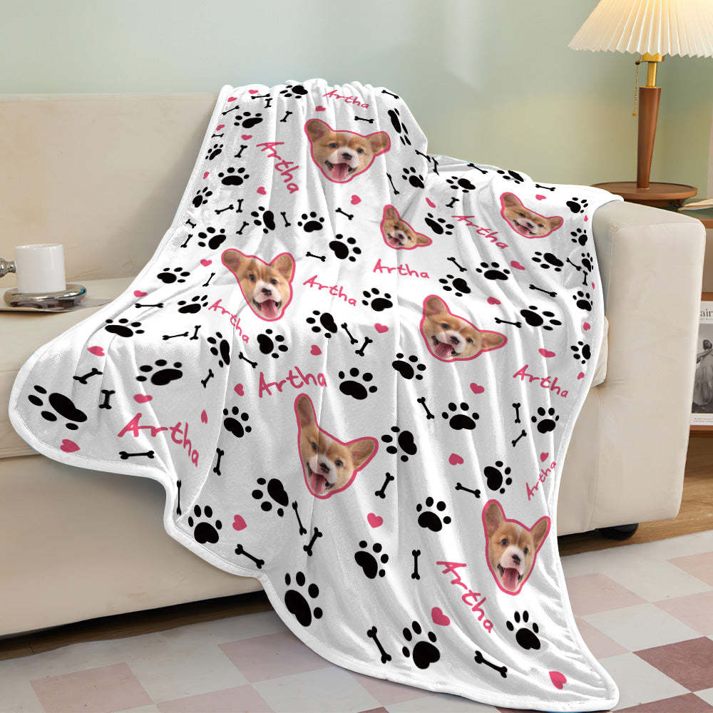 Custom Dog Face Blanket Dog Paws and Bones Spines Pink Personalized Pet Photo and Text Blanket - auphotoblanket