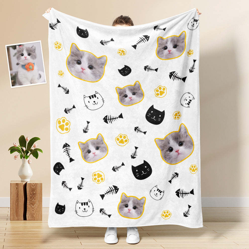 Custom Cat Face Blanket Cat's Head and Claw Personalized Pet Photo Yellow Blanket - auphotoblanket