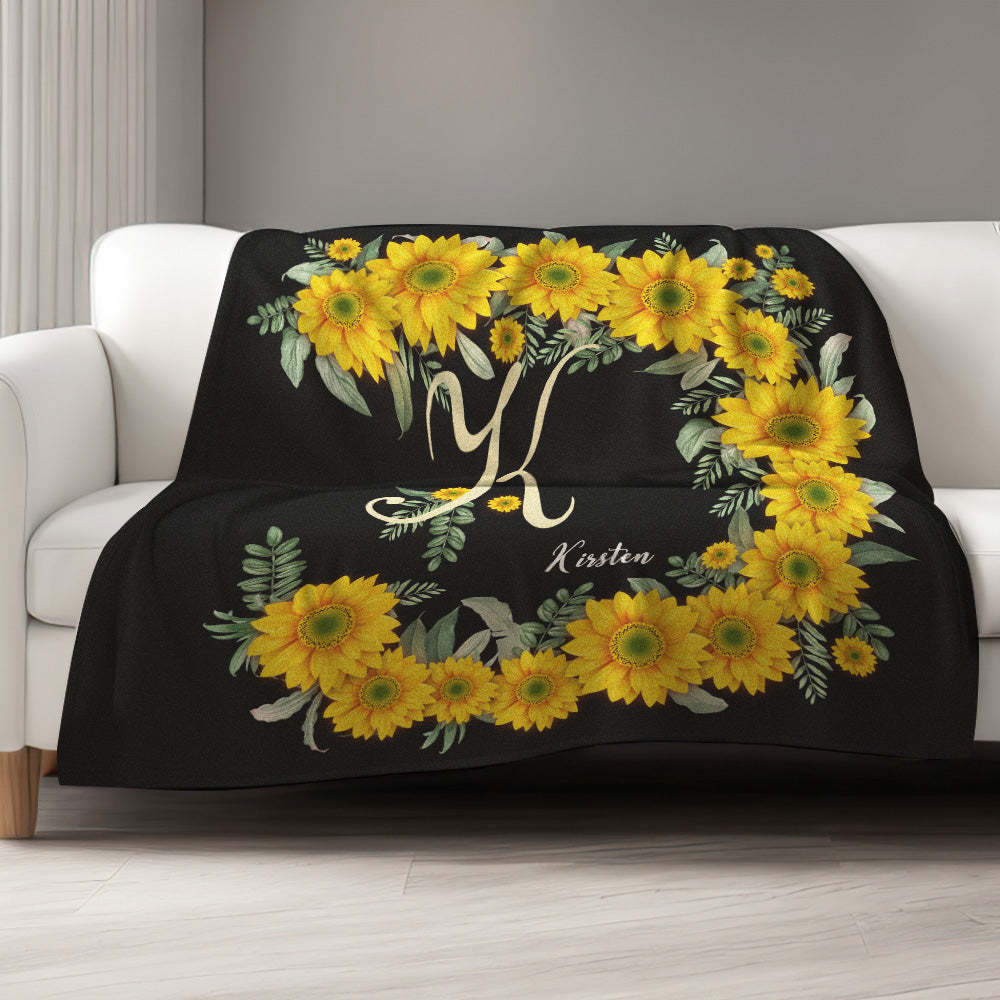 Custom Name Blanket Sunflower Black Blanket - auphotoblanket