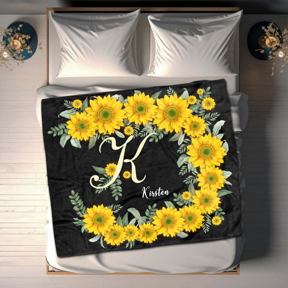 Custom Name Blanket Sunflower Black Blanket - auphotoblanket