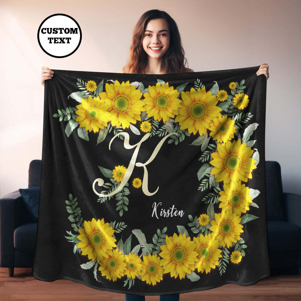 Custom Name Blanket Sunflower Black Blanket - auphotoblanket