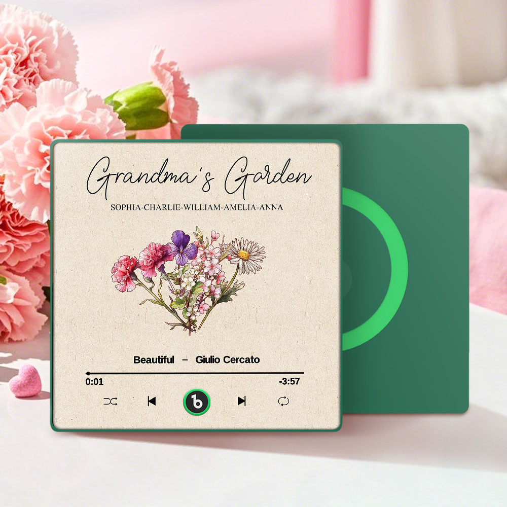 Grandma's Garden Retro Birth Flower Bouquet Personalized Music Fridge Magnet, Gift for Grandma, Mom - auphotoblanket