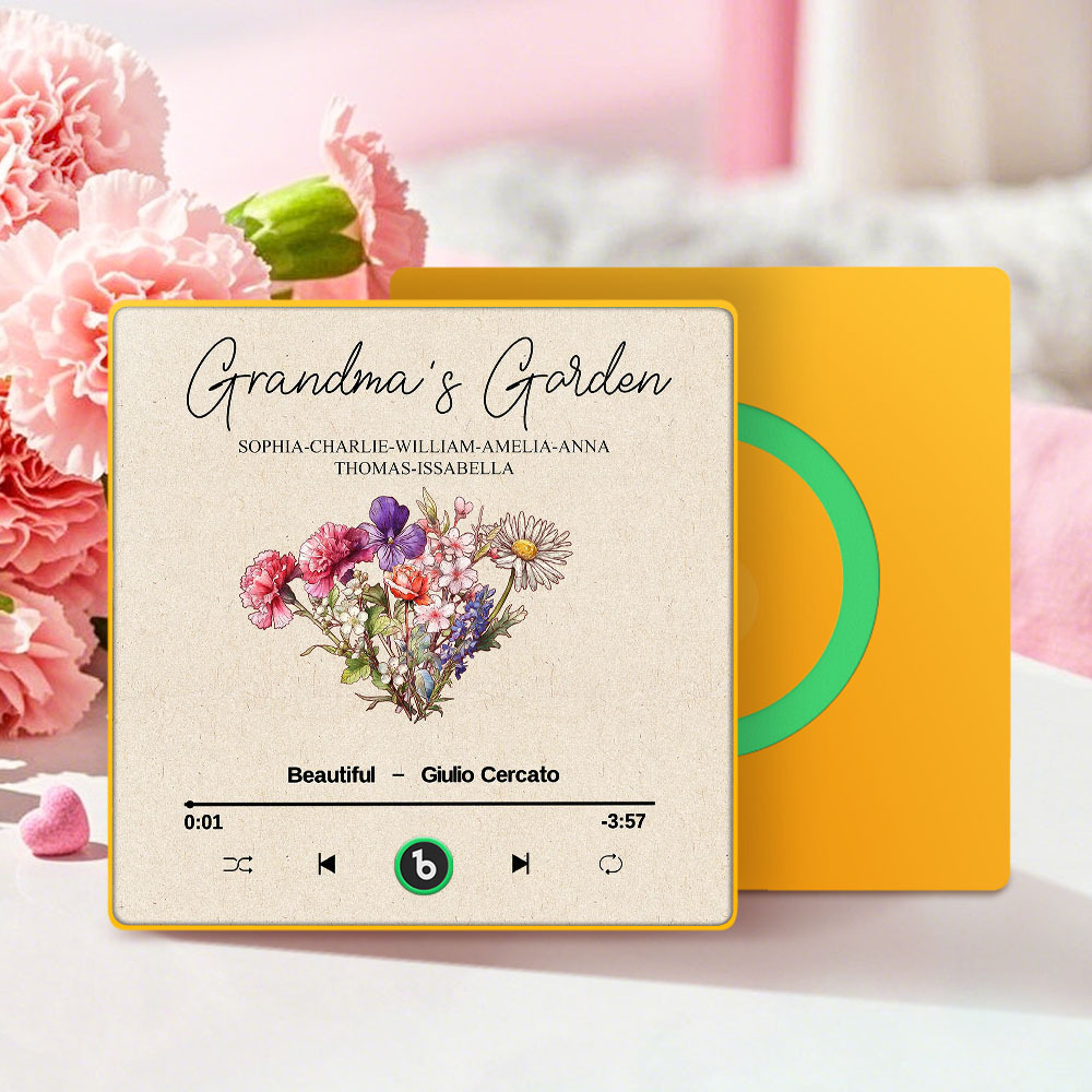Grandma's Garden Retro Birth Flower Bouquet Personalized Music Fridge Magnet, Gift for Grandma, Mom - auphotoblanket