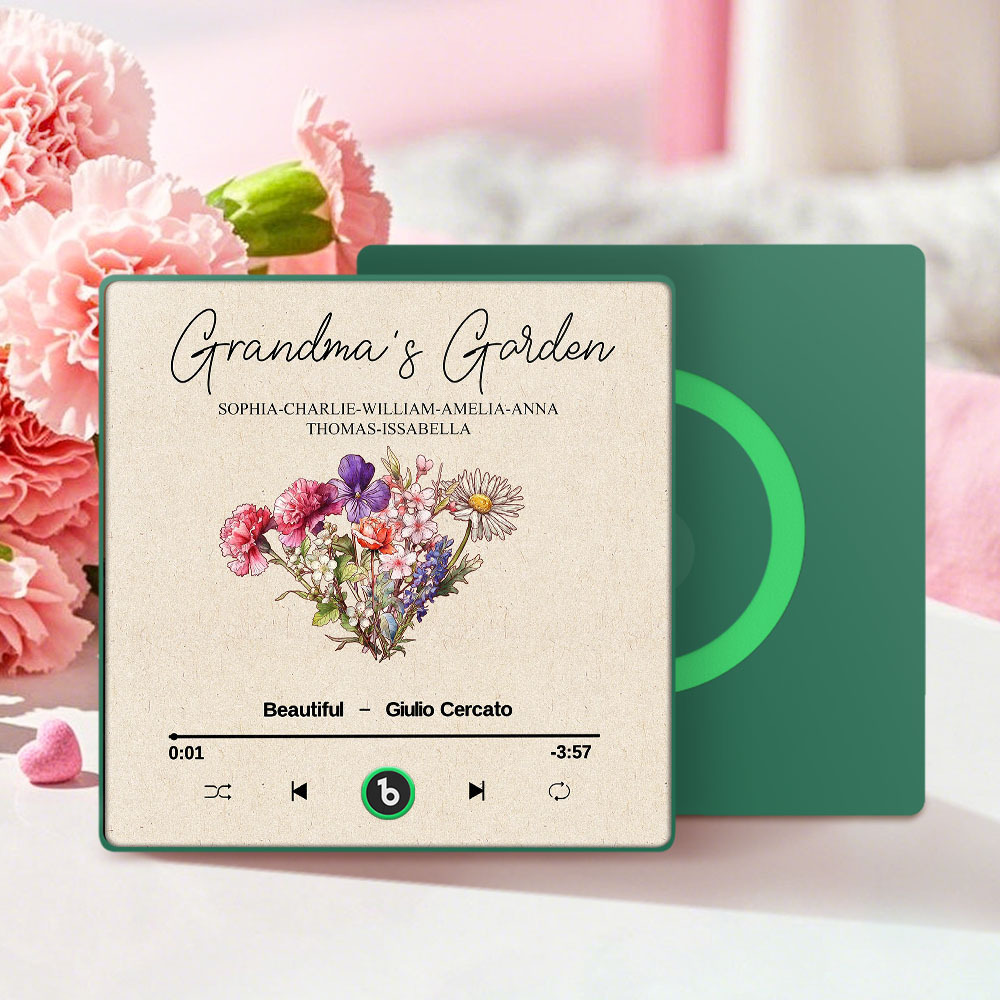 Grandma's Garden Retro Birth Flower Bouquet Personalized Music Fridge Magnet, Gift for Grandma, Mom - auphotoblanket