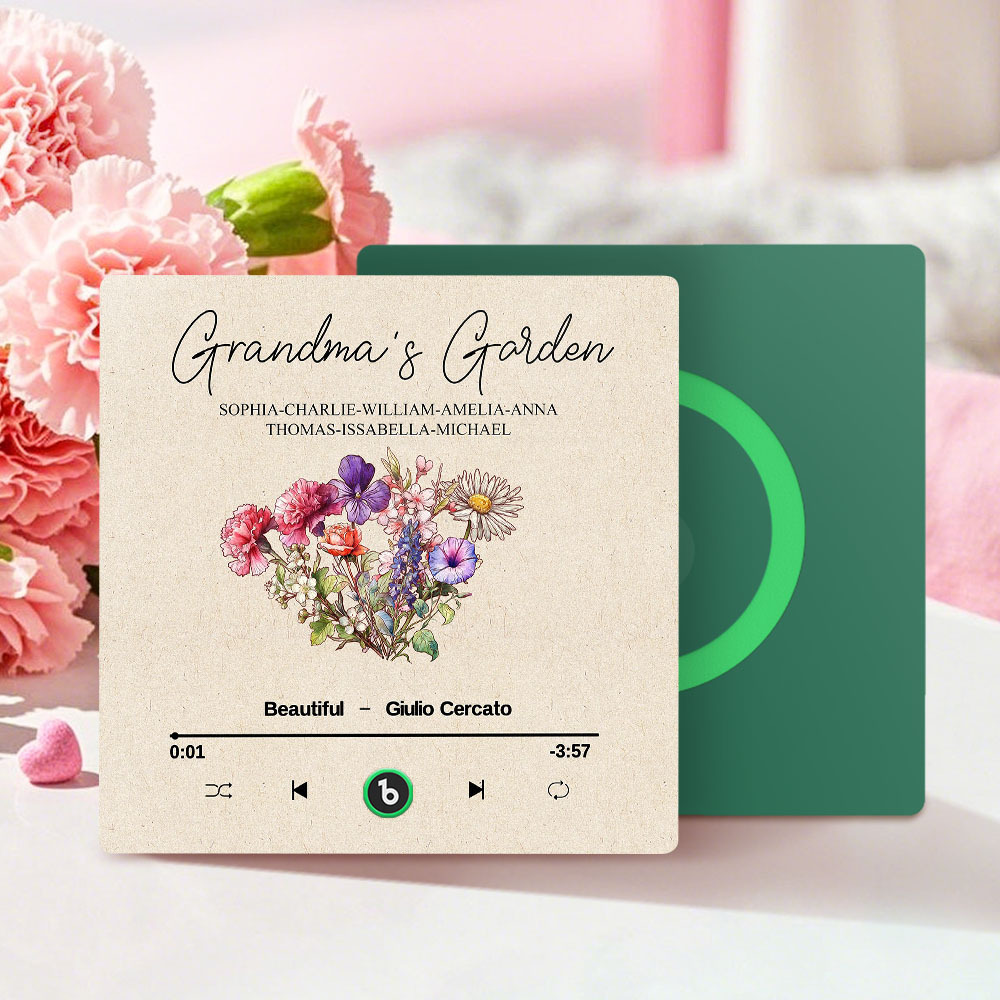Grandma's Garden Retro Birth Flower Bouquet Personalized Music Fridge Magnet, Gift for Grandma, Mom - auphotoblanket