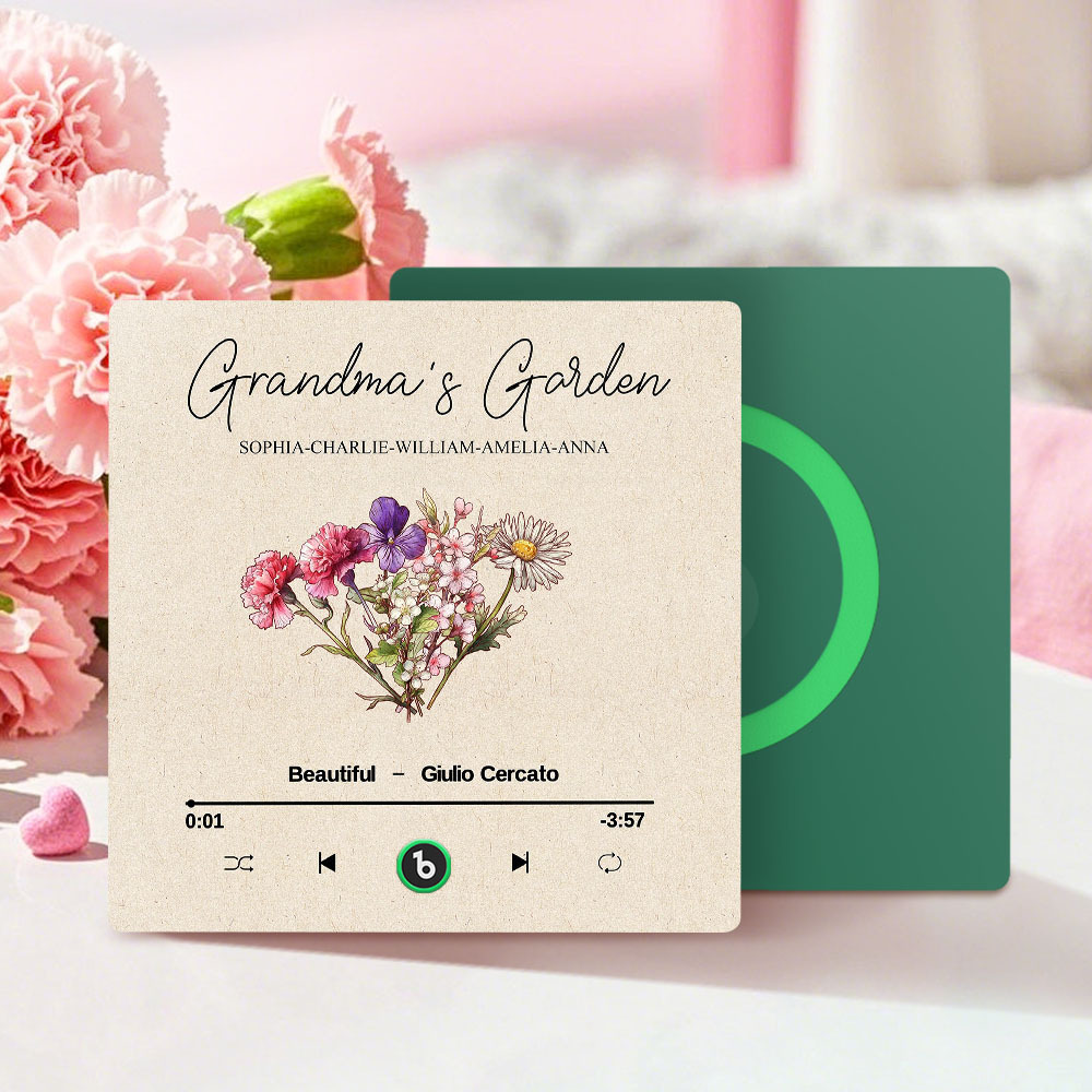 Grandma's Garden Retro Birth Flower Bouquet Personalized Music Fridge Magnet, Gift for Grandma, Mom - auphotoblanket