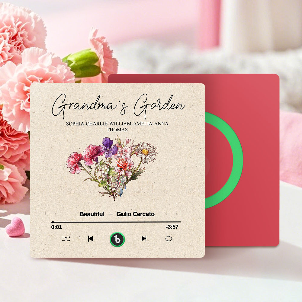 Grandma's Garden Retro Birth Flower Bouquet Personalized Music Fridge Magnet, Gift for Grandma, Mom - auphotoblanket