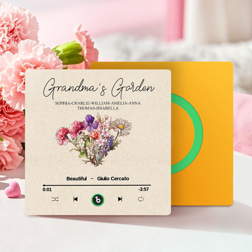 Grandma's Garden Retro Birth Flower Bouquet Personalized Music Fridge Magnet, Gift for Grandma, Mom - auphotoblanket