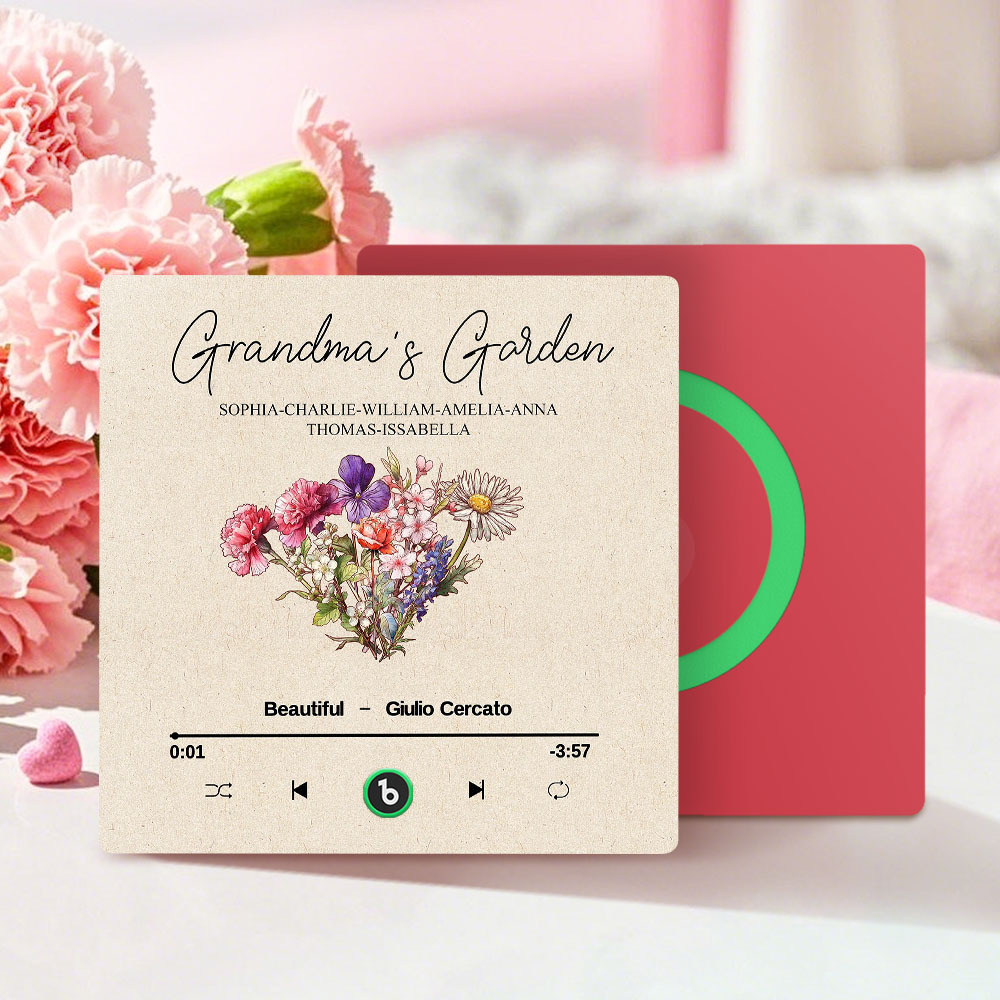 Grandma's Garden Retro Birth Flower Bouquet Personalized Music Fridge Magnet, Gift for Grandma, Mom - auphotoblanket