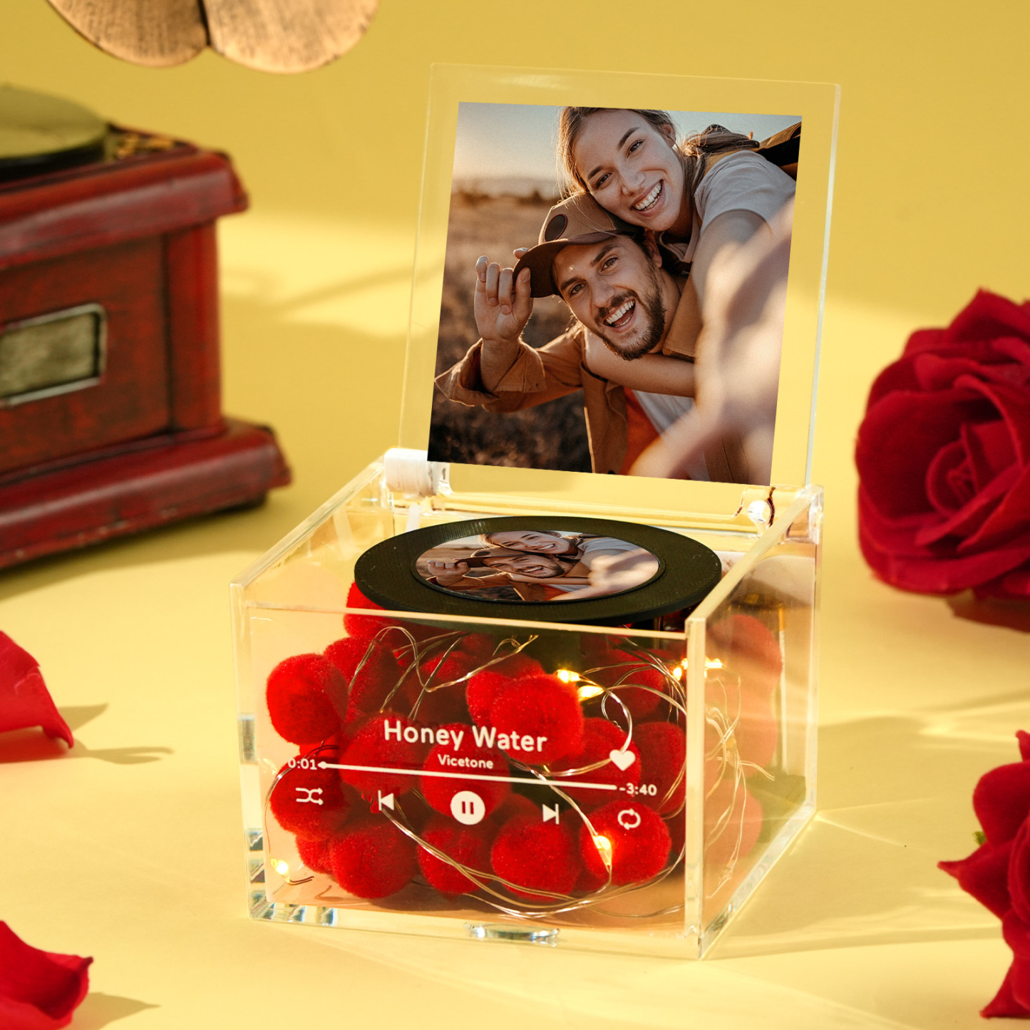 Valentine's Day Mini Vinyl Record Player with Custom Photo and Light Personalized Music Acrylic Box - auphotoblanket