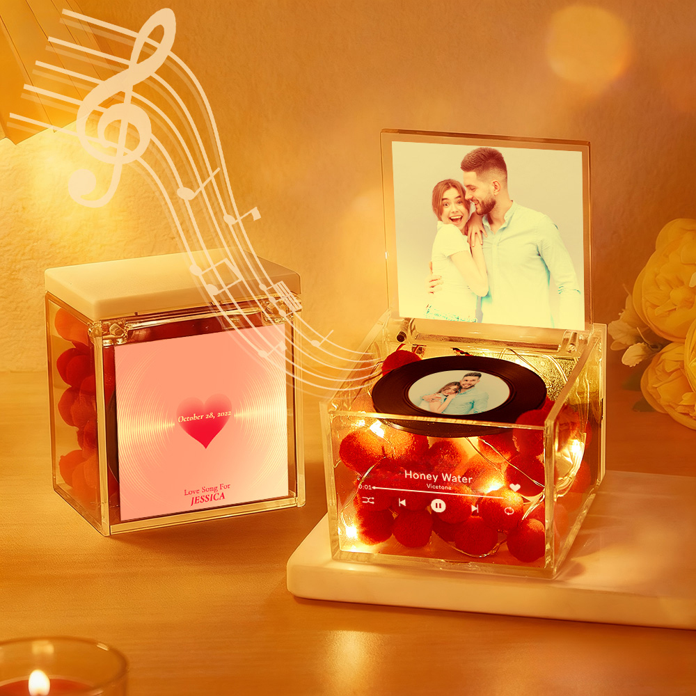 Premium Mini Music Record Auto-Music Player Custom Photo with Light Personalized Music Acrylic Box - auphotoblanket