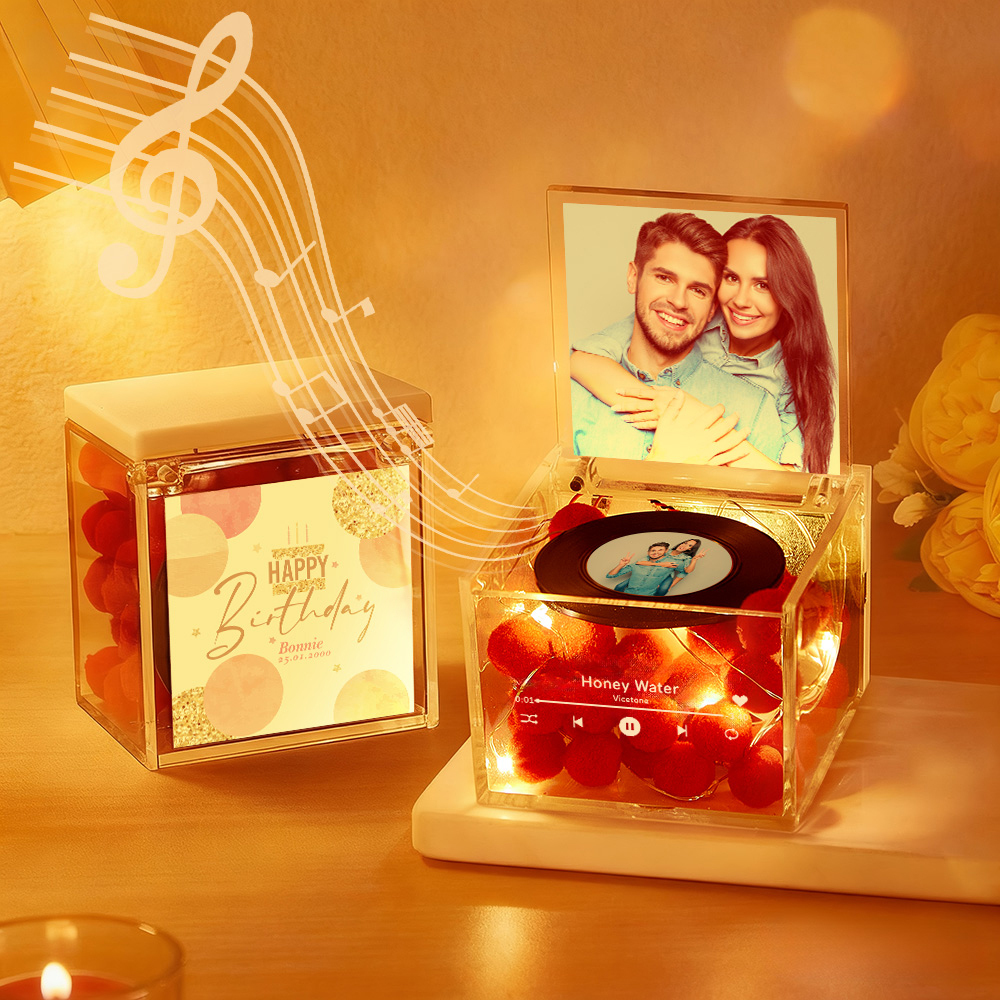 Premium Mini Music Record Auto-Music Player Custom Photo with Light Personalized Music Acrylic Box - auphotoblanket