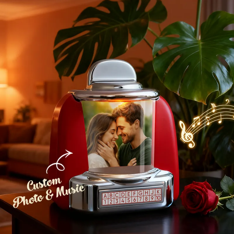 Custom Jukebox Retro Speaker – Personalized Photo,Names & Date Music Mini Player with Radio | Vintage Tabletop Home Decor Nostalgic Gift