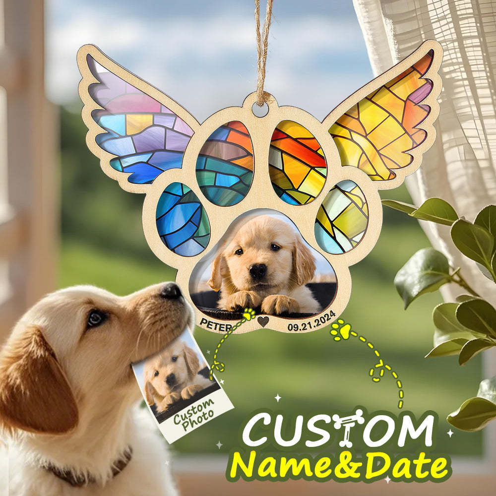 Personalized Pet Suncatcher Ornament with Photo Paw Print Ornament Memorial Gift for Pet Lovers - auphotoblanket