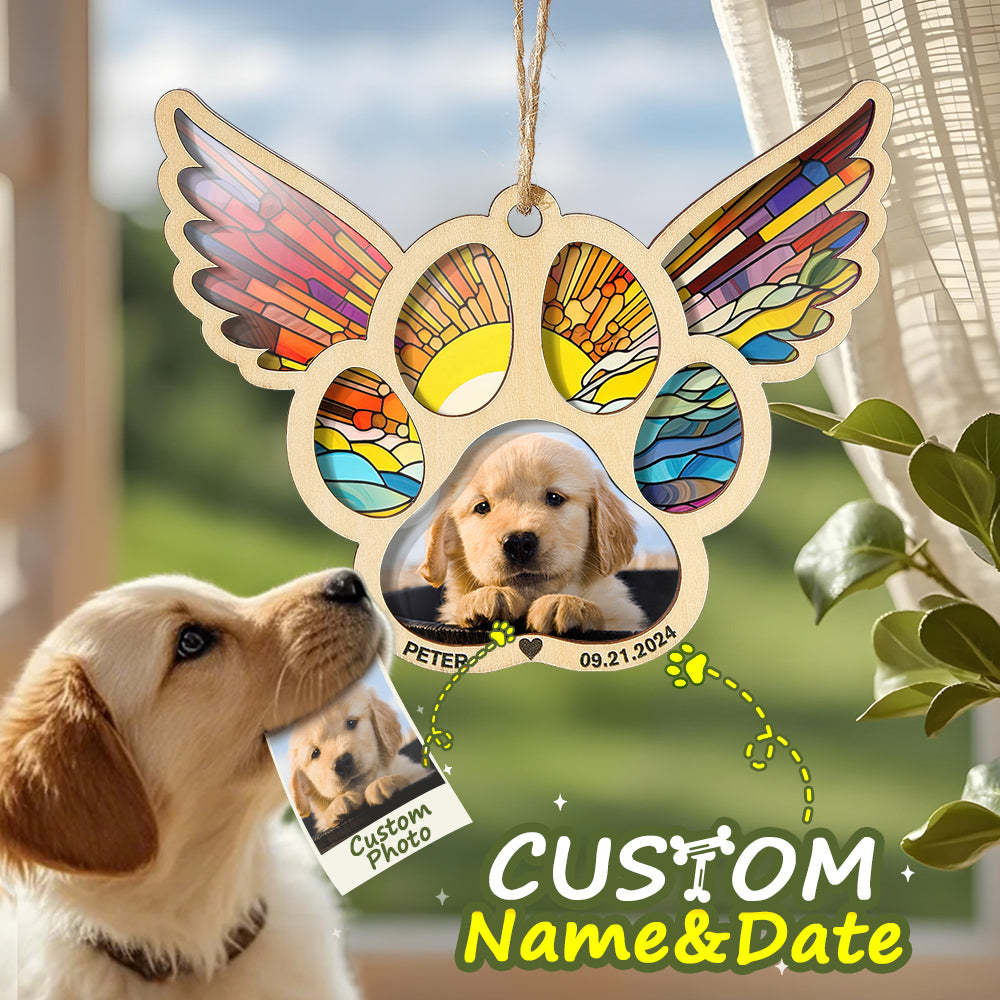 Personalized Pet Suncatcher Ornament with Photo Paw Print Ornament Memorial Gift for Pet Lovers - auphotoblanket
