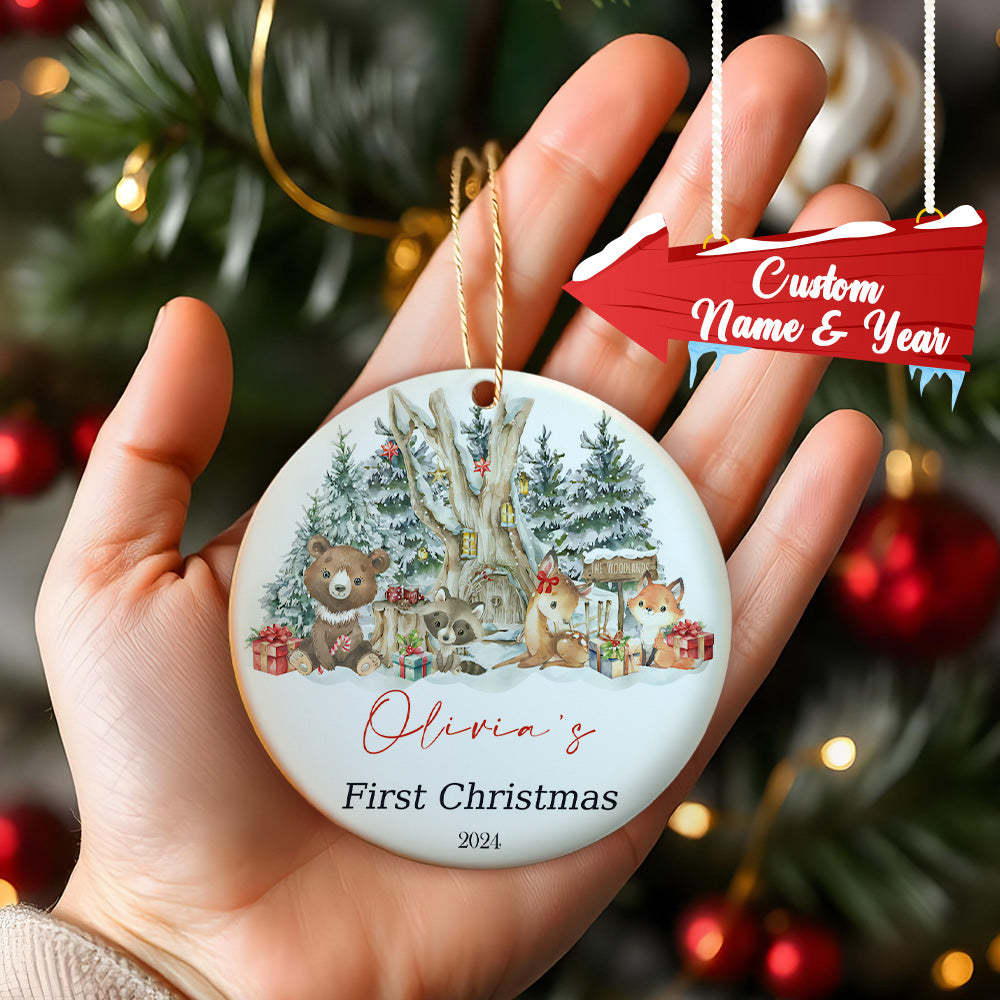 Personalized Cute Animal Ceramic Ornament with Name Baby's First Christmas Ornament Gift - auphotoblanket