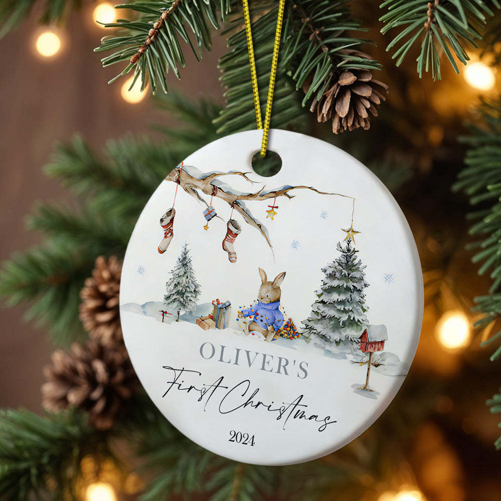 Personalized Rabbit Ceramic Ornament with Name Baby's First Christmas Ornament for New Baby Christmas Gift - auphotoblanket