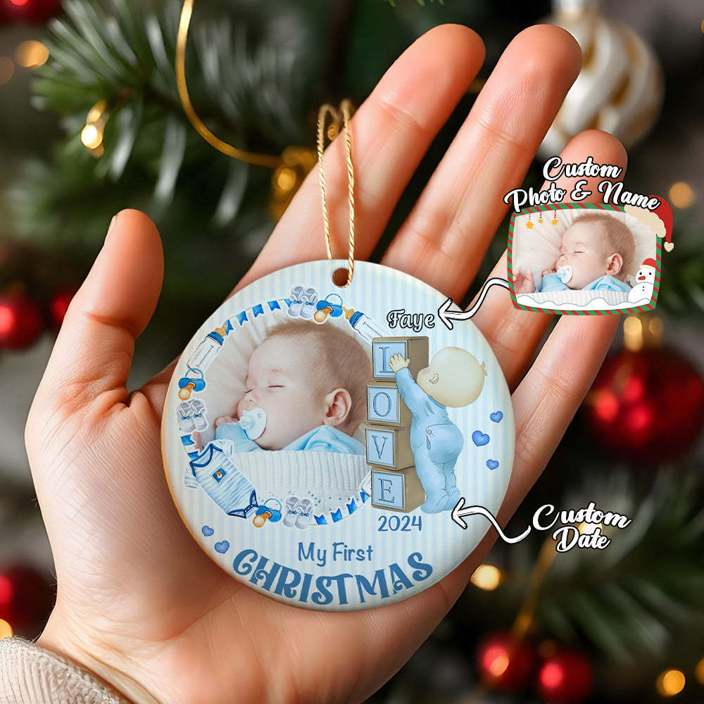 Personalized Baby's First Christmas Ornament with Photo Ceramic Christmas Ornament for Newborn Gift - auphotoblanket