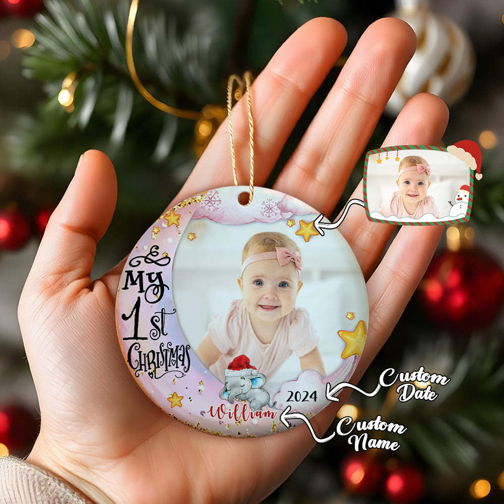 Personalized Baby's First Christmas Ornament Cute Elephant Circle Ornament Christmas Gift for Kid - auphotoblanket