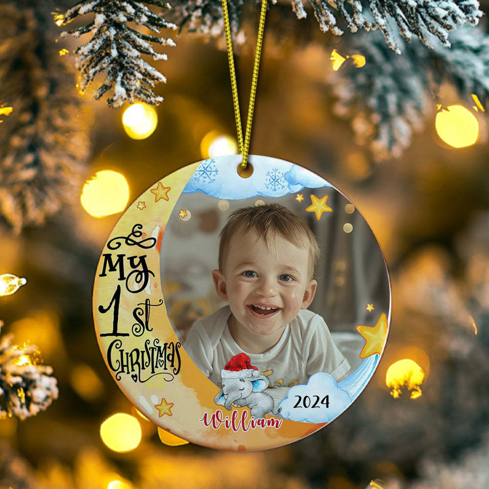 Personalized Baby's First Christmas Ornament Cute Elephant Circle Ornament Christmas Gift for Kid - auphotoblanket
