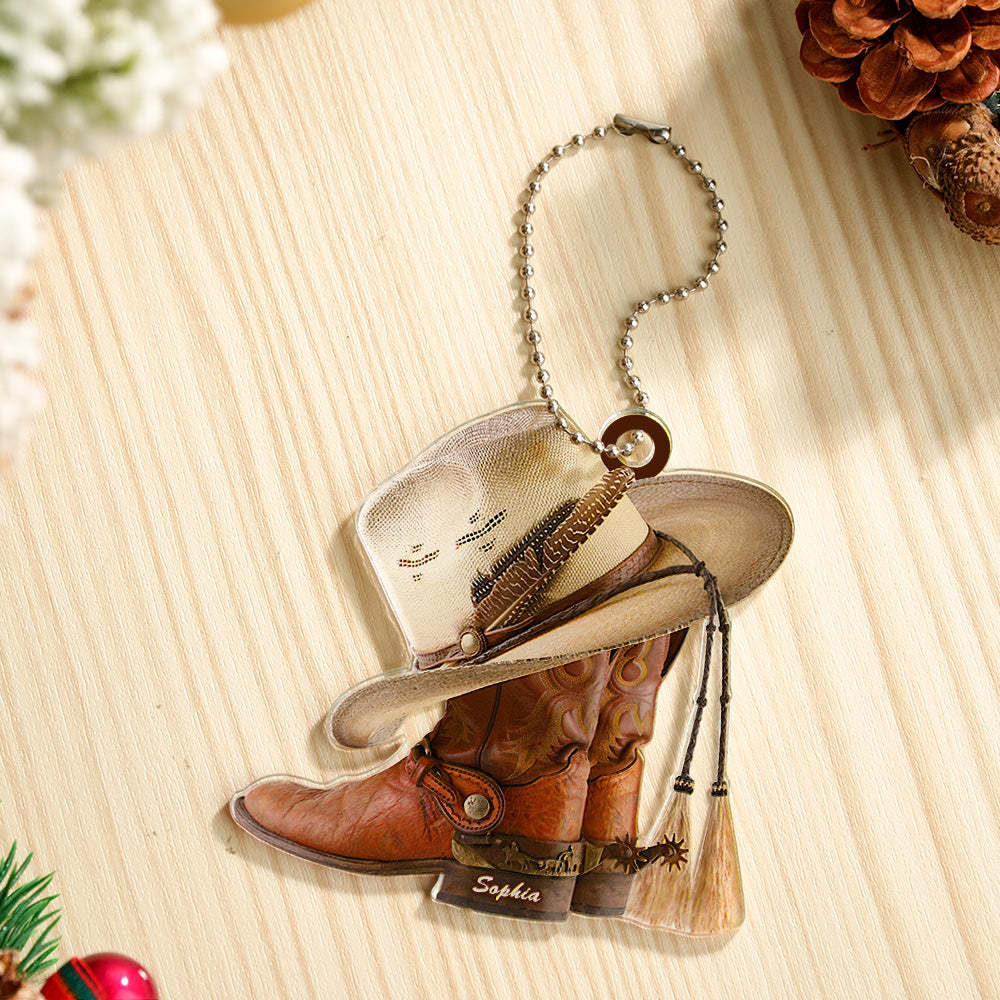 Personalized Cowboy Boots And Hat Car Ornament with Name Rearview Mirror Decoration Gift - auphotoblanket