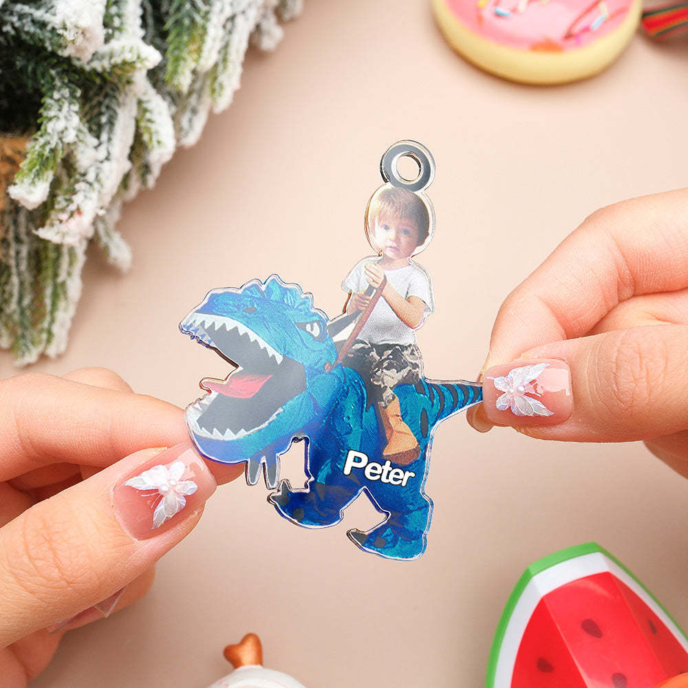 Personalized Cute Kid Rides The Dinosaurus Ornament with Name Christmas Ornament Gift - auphotoblanket