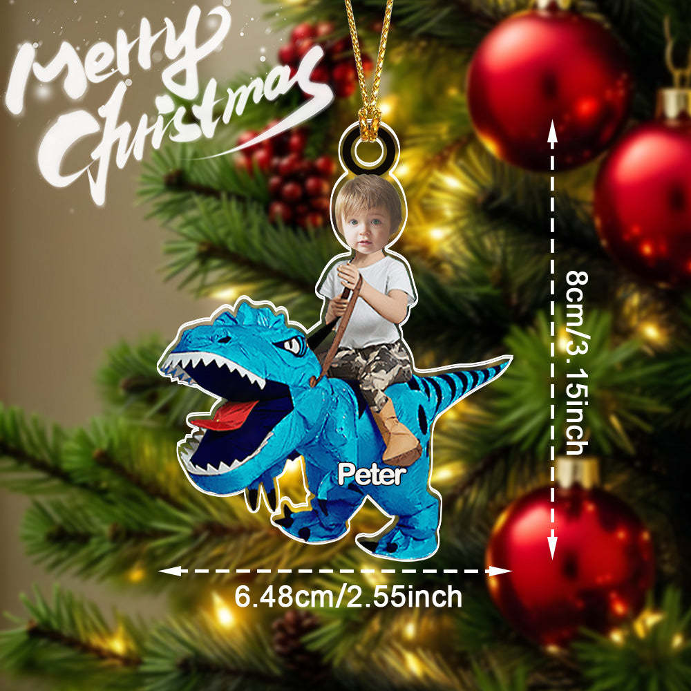 Personalized Cute Kid Rides The Dinosaurus Ornament with Name Christmas Ornament Gift - auphotoblanket