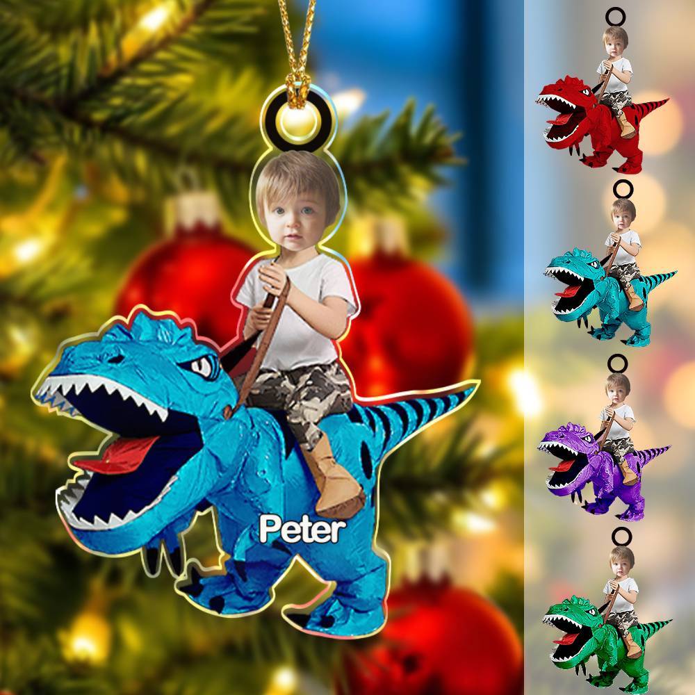 Personalized Cute Kid Rides The Dinosaurus Ornament with Name Christmas Ornament Gift - auphotoblanket