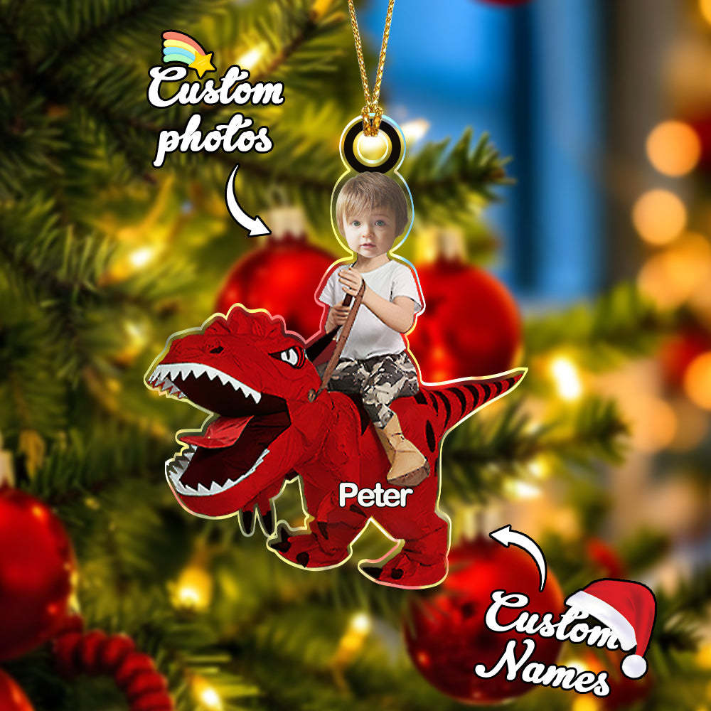Personalized Cute Kid Rides The Dinosaurus Ornament with Name Christmas Ornament Gift - auphotoblanket