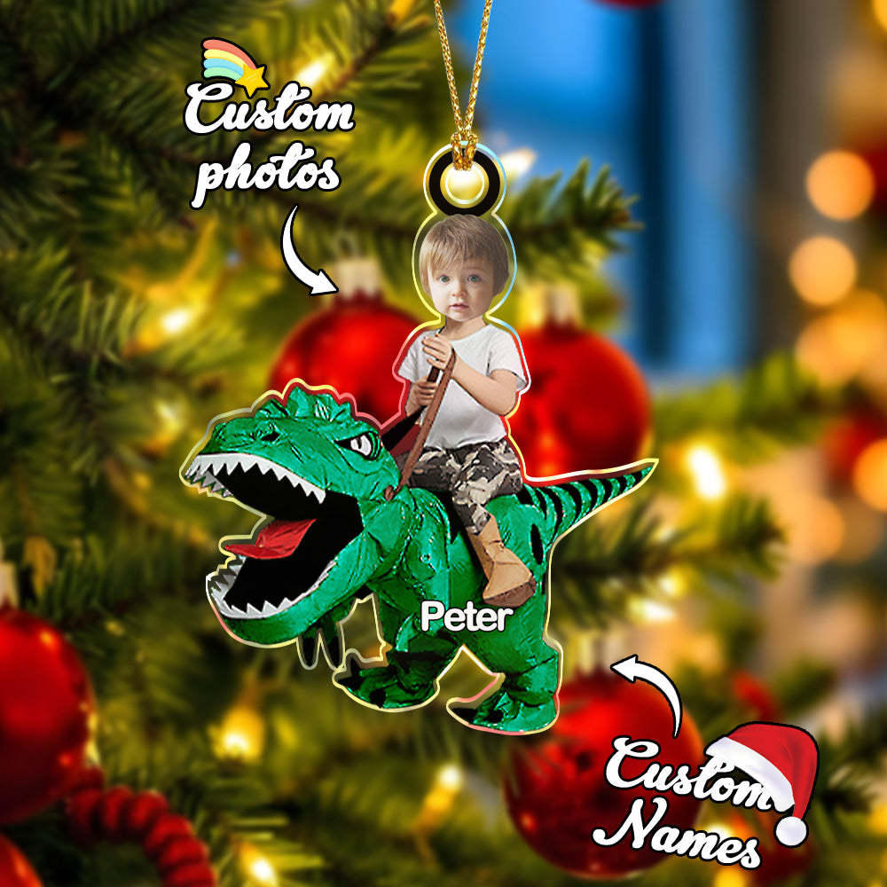 Personalized Cute Kid Rides The Dinosaurus Ornament with Name Christmas Ornament Gift - auphotoblanket