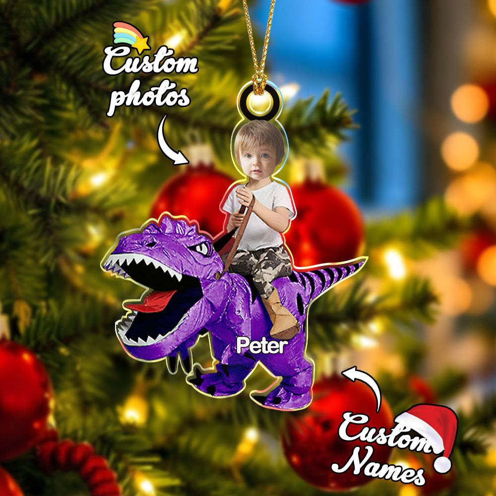 Personalized Cute Kid Rides The Dinosaurus Ornament with Name Christmas Ornament Gift - auphotoblanket