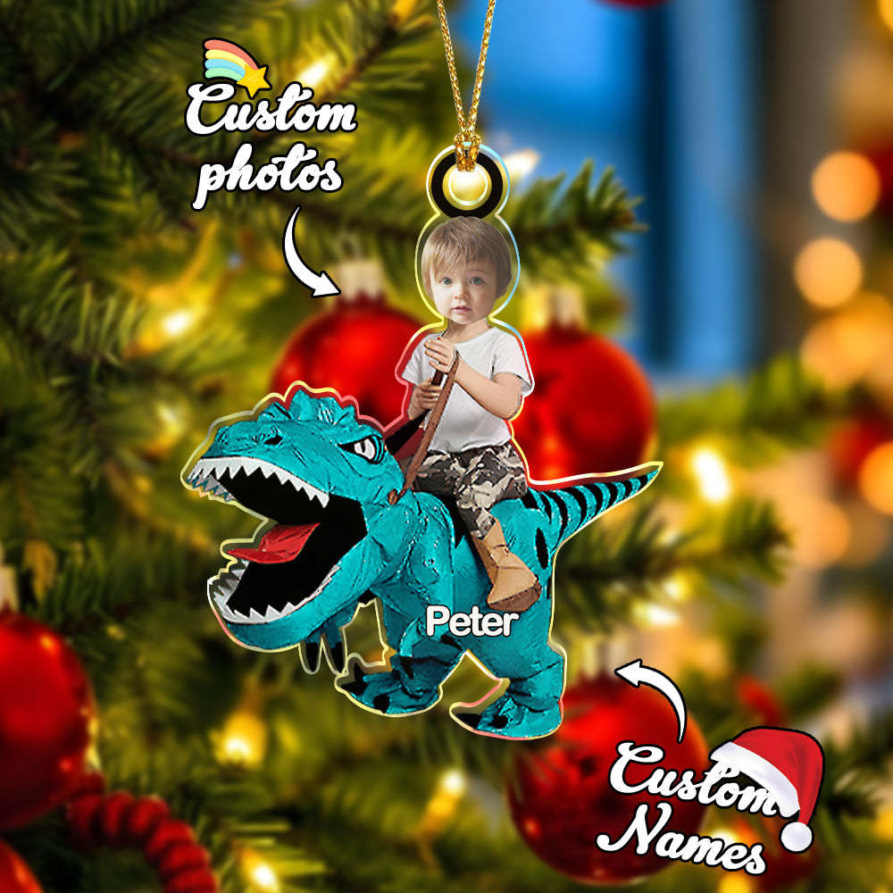 Personalized Cute Kid Rides The Dinosaurus Ornament with Name Christmas Ornament Gift - auphotoblanket