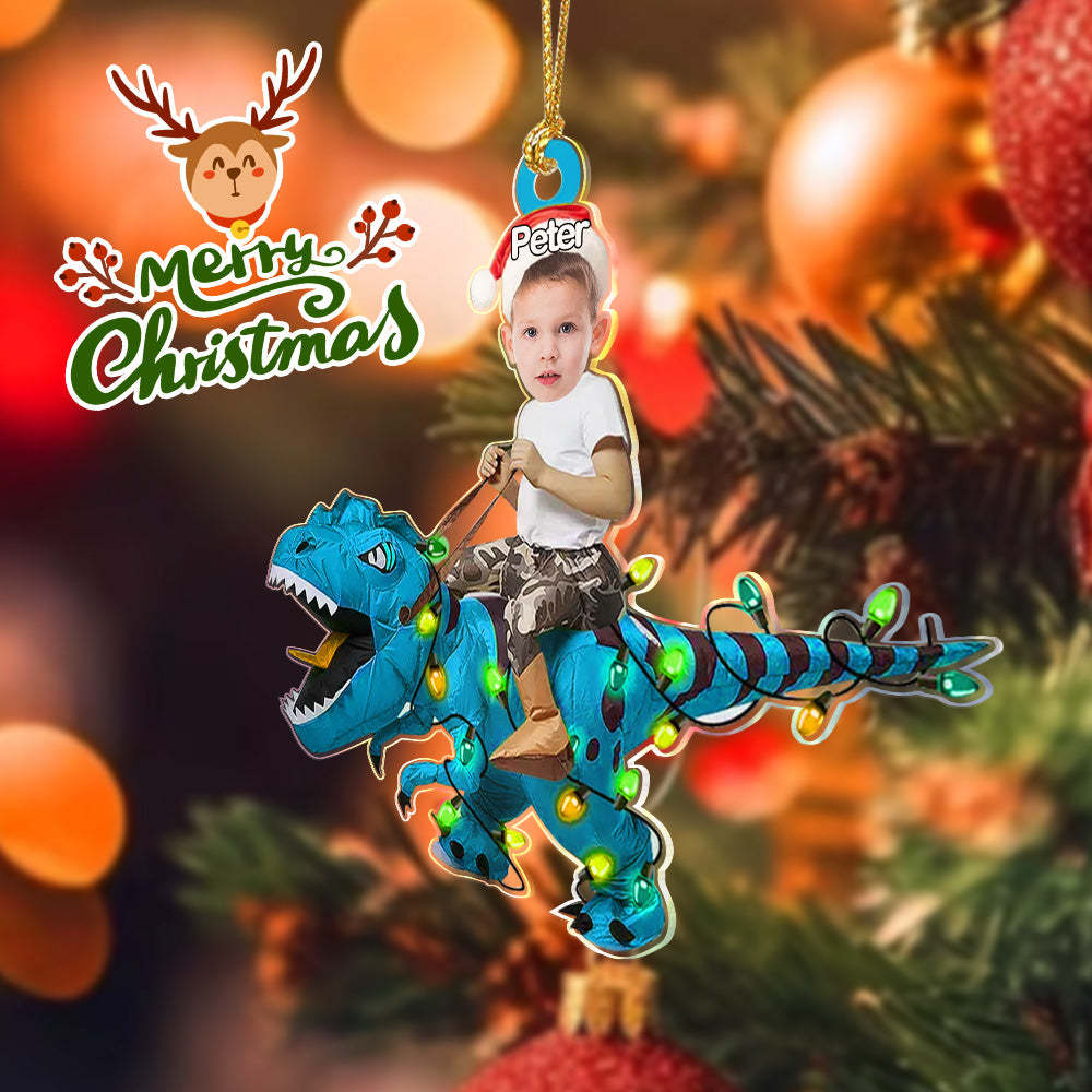 Personalized Cute Kid Rides The Dinosaurus Ornament Christmas Gift for Kids - auphotoblanket