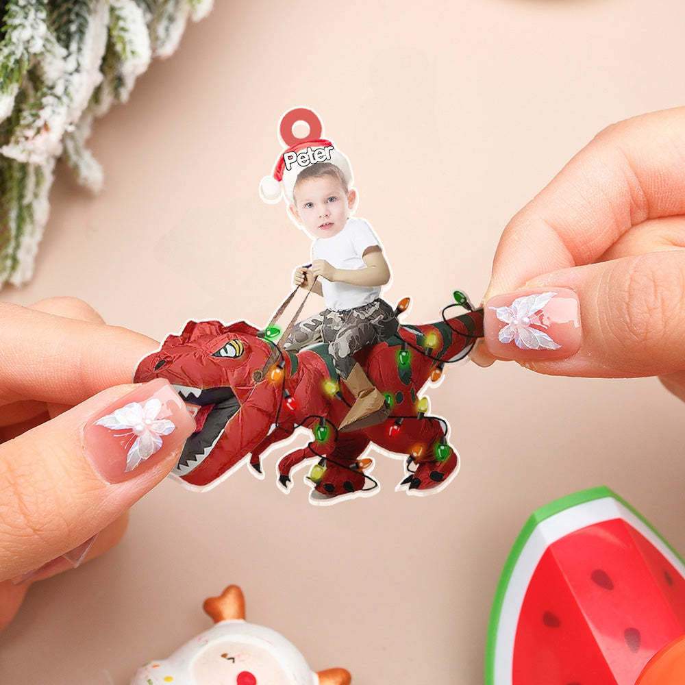 Personalized Cute Kid Rides The Dinosaurus Ornament Christmas Gift for Kids - auphotoblanket
