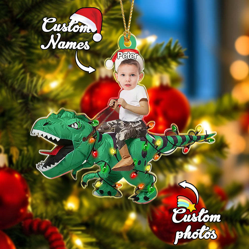 Personalized Cute Kid Rides The Dinosaurus Ornament Christmas Gift for Kids - auphotoblanket