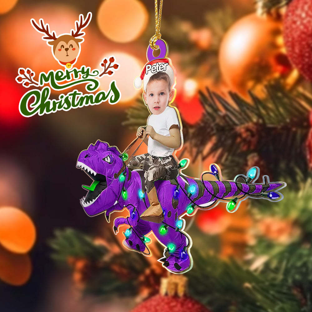 Personalized Cute Kid Rides The Dinosaurus Ornament Christmas Gift for Kids - auphotoblanket