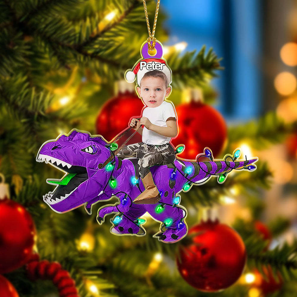 Personalized Cute Kid Rides The Dinosaurus Ornament Christmas Gift for Kids - auphotoblanket