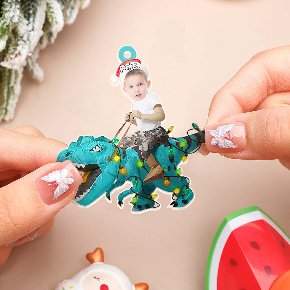 Personalized Cute Kid Rides The Dinosaurus Ornament Christmas Gift for Kids - auphotoblanket