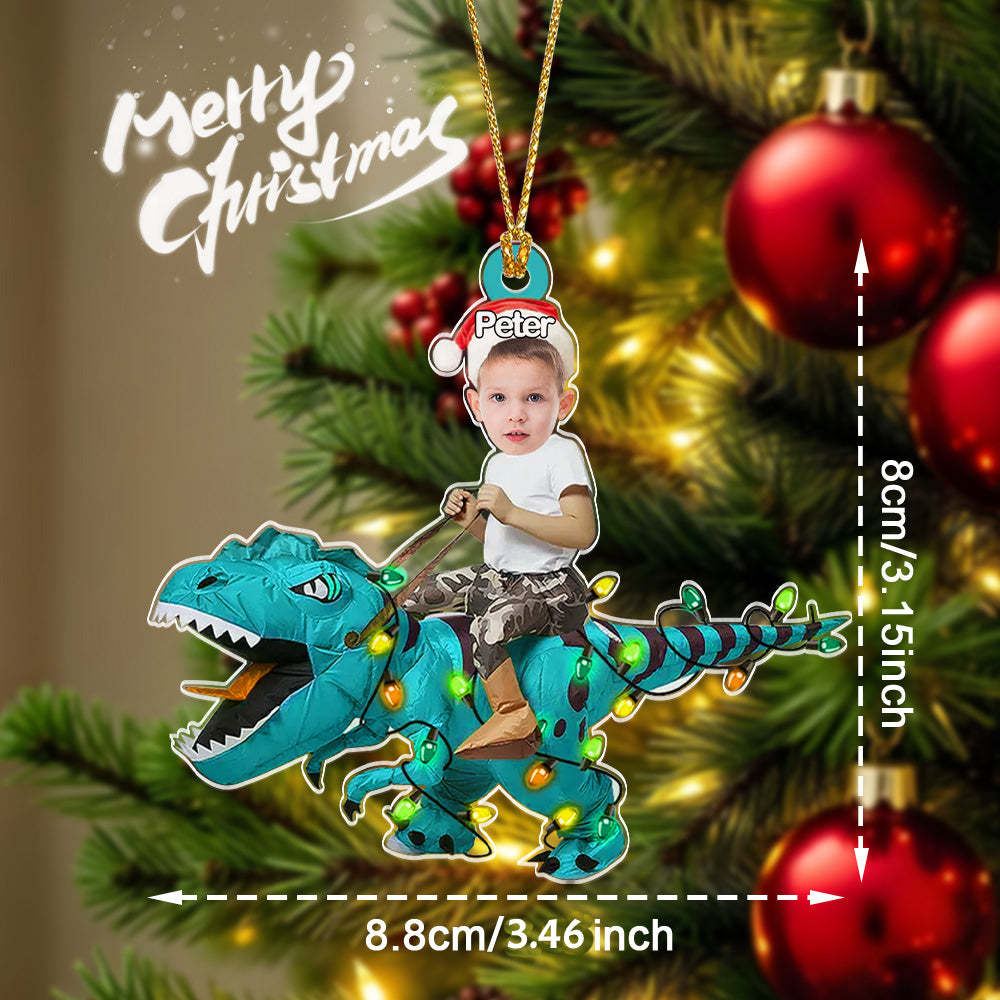 Personalized Cute Kid Rides The Dinosaurus Ornament Christmas Gift for Kids - auphotoblanket