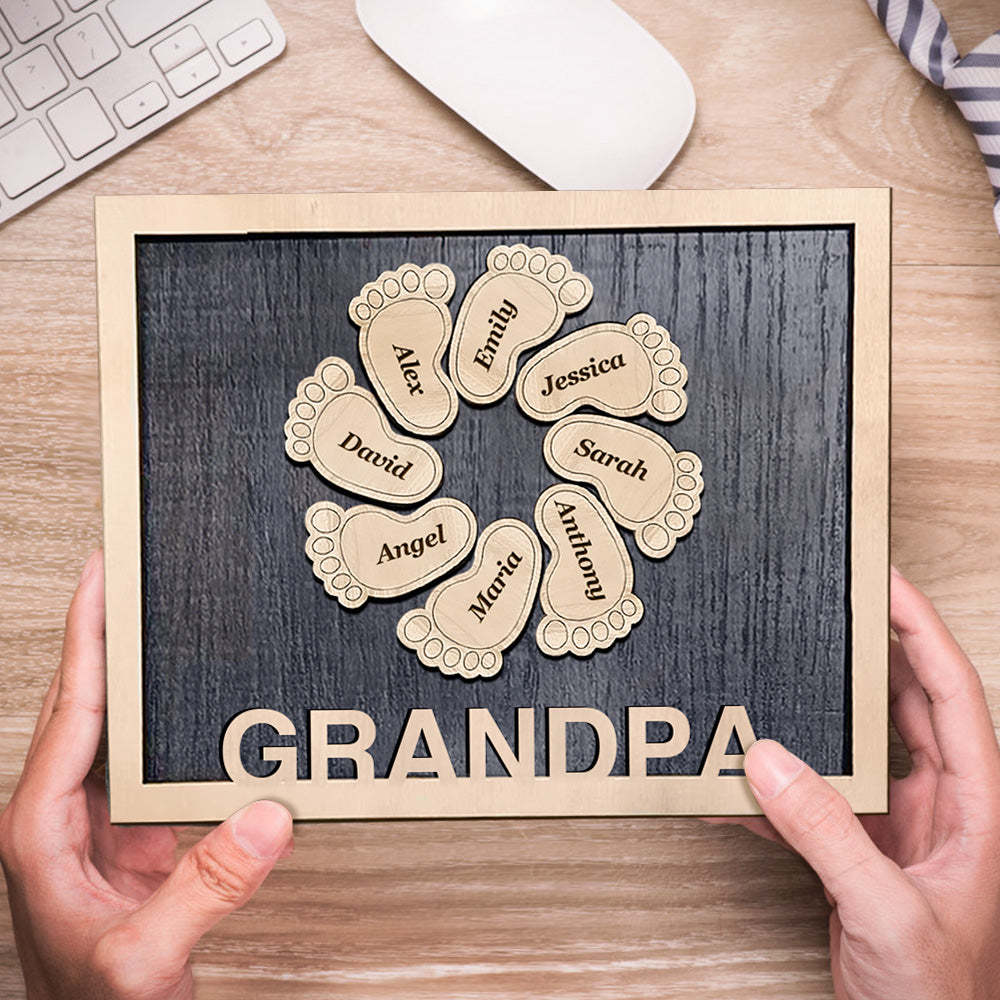 Personalized Footprint Wooden Plaques Decor with Kids Names For Dad Grandpa Decor Plaque - auphotoblanket