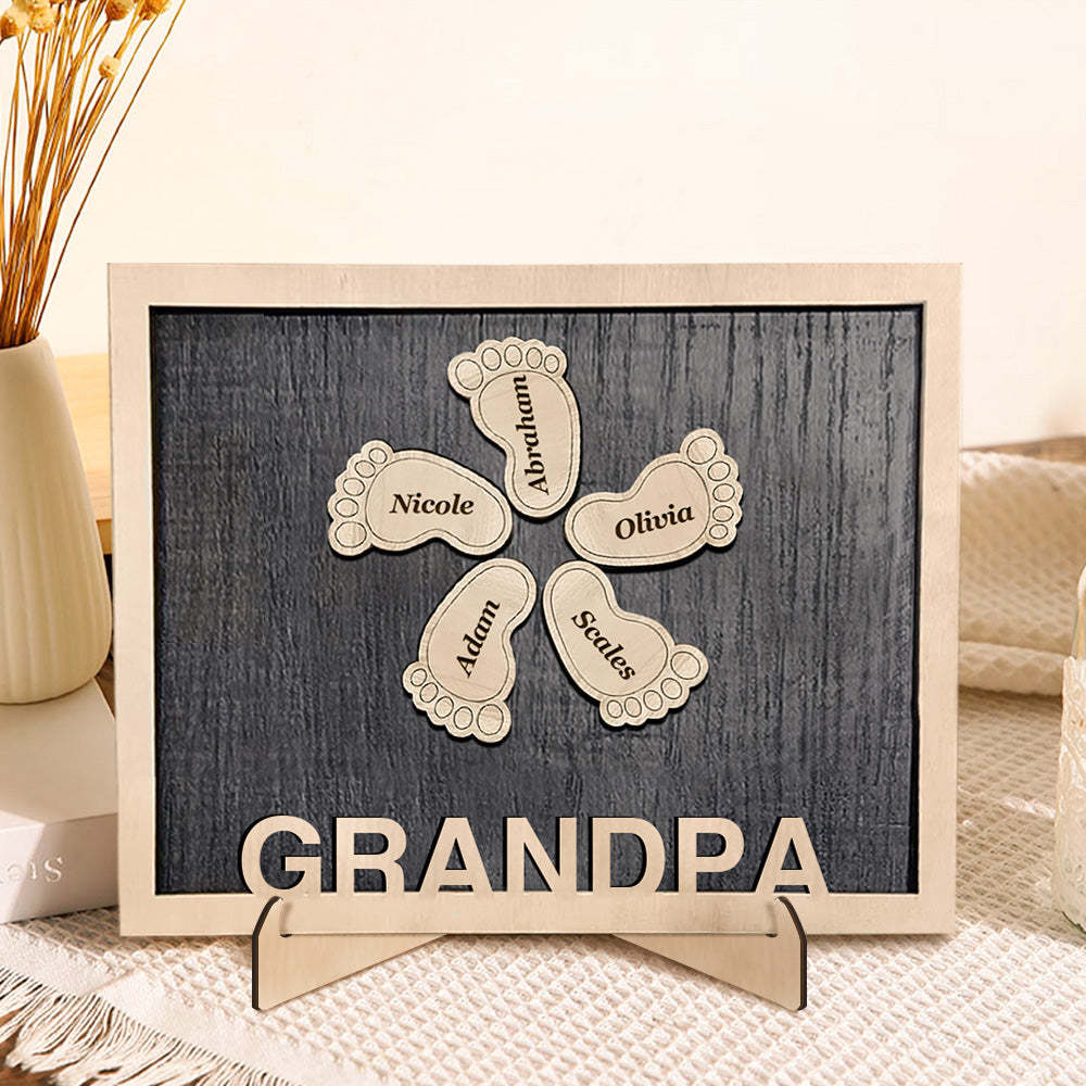 Personalized Footprint Wooden Plaques Decor with Kids Names For Dad Grandpa Decor Plaque - auphotoblanket