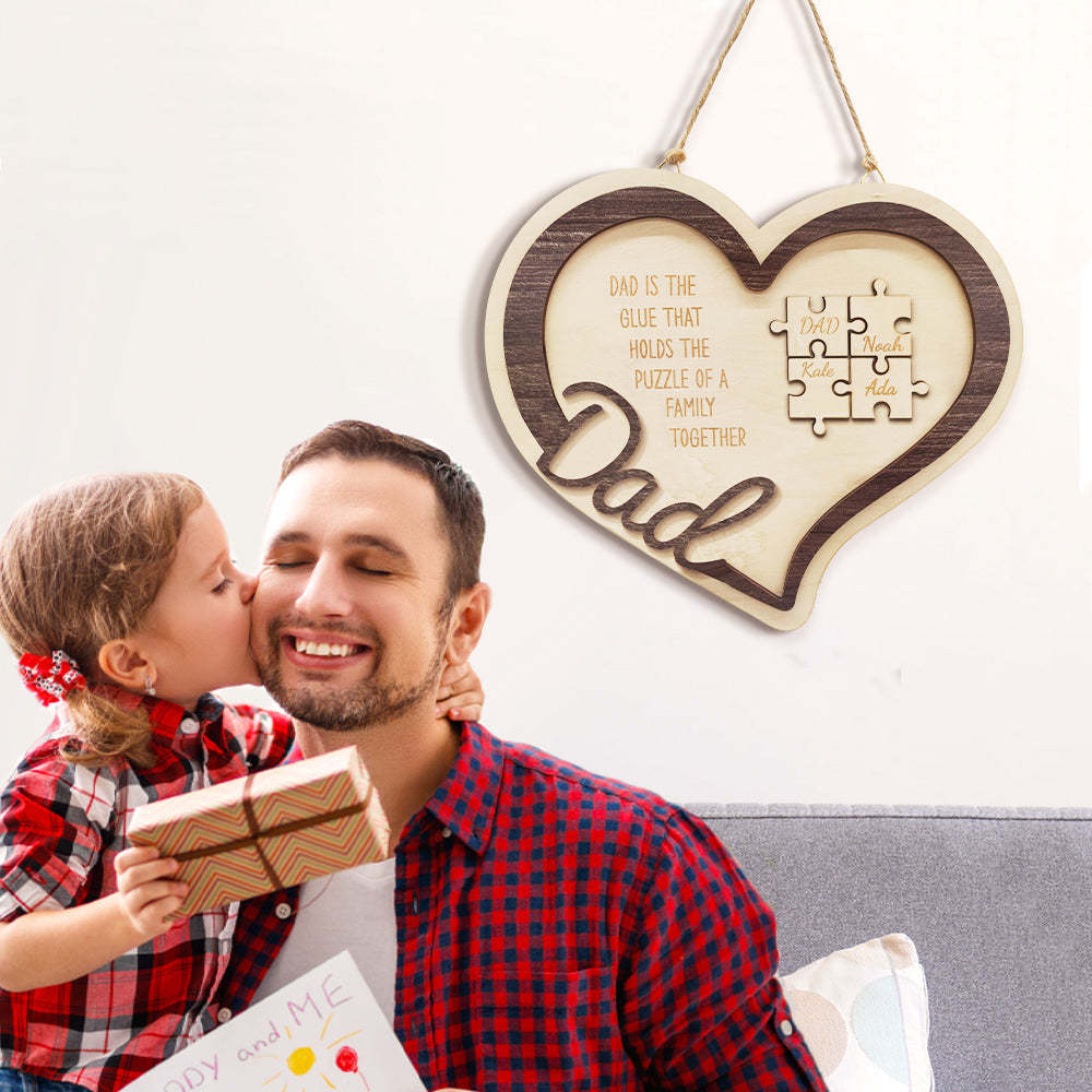 Personalized Wooden Heart Puzzle Sign Father's Day Gift for Dad - auphotoblanket
