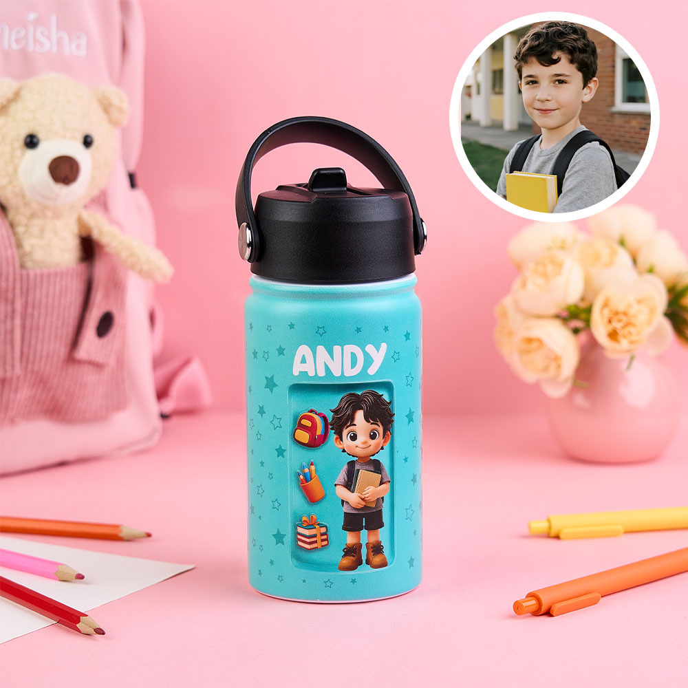Custom Photo 3D Inflated Effect Printed Kids Water Bottle - Personalized Back To School Gifts For Kids - auphotoblanket