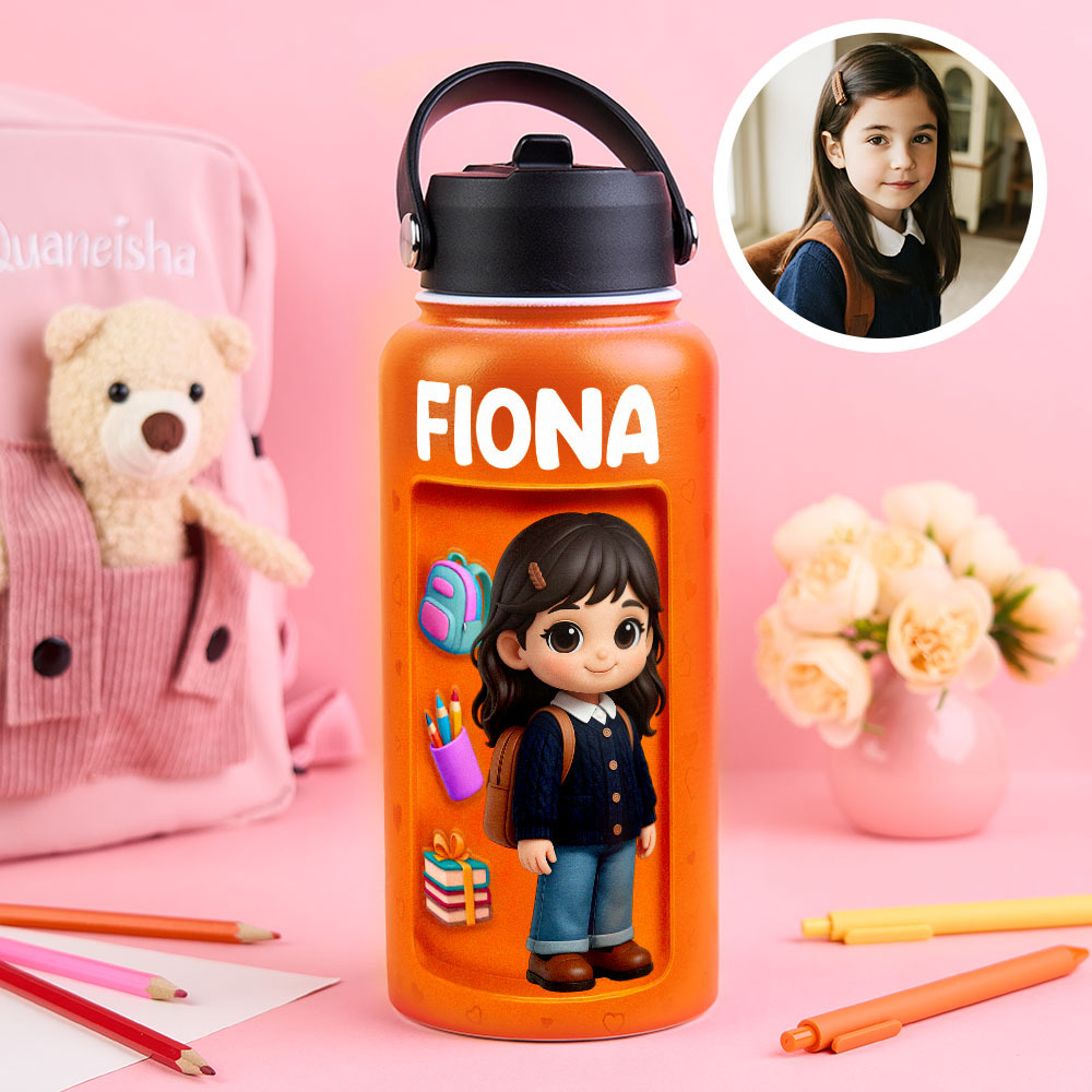 Custom Photo 3D Inflated Effect Printed Kids Water Bottle - Personalized Back To School Gifts For Kids - auphotoblanket