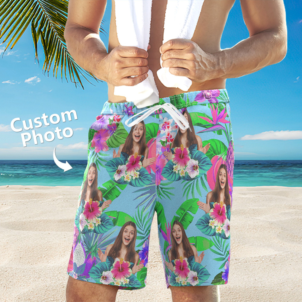 Custom Photo Funny Family Pet Face Black Colorful Tropical Personalized Beach Shorts - auphotoblanket
