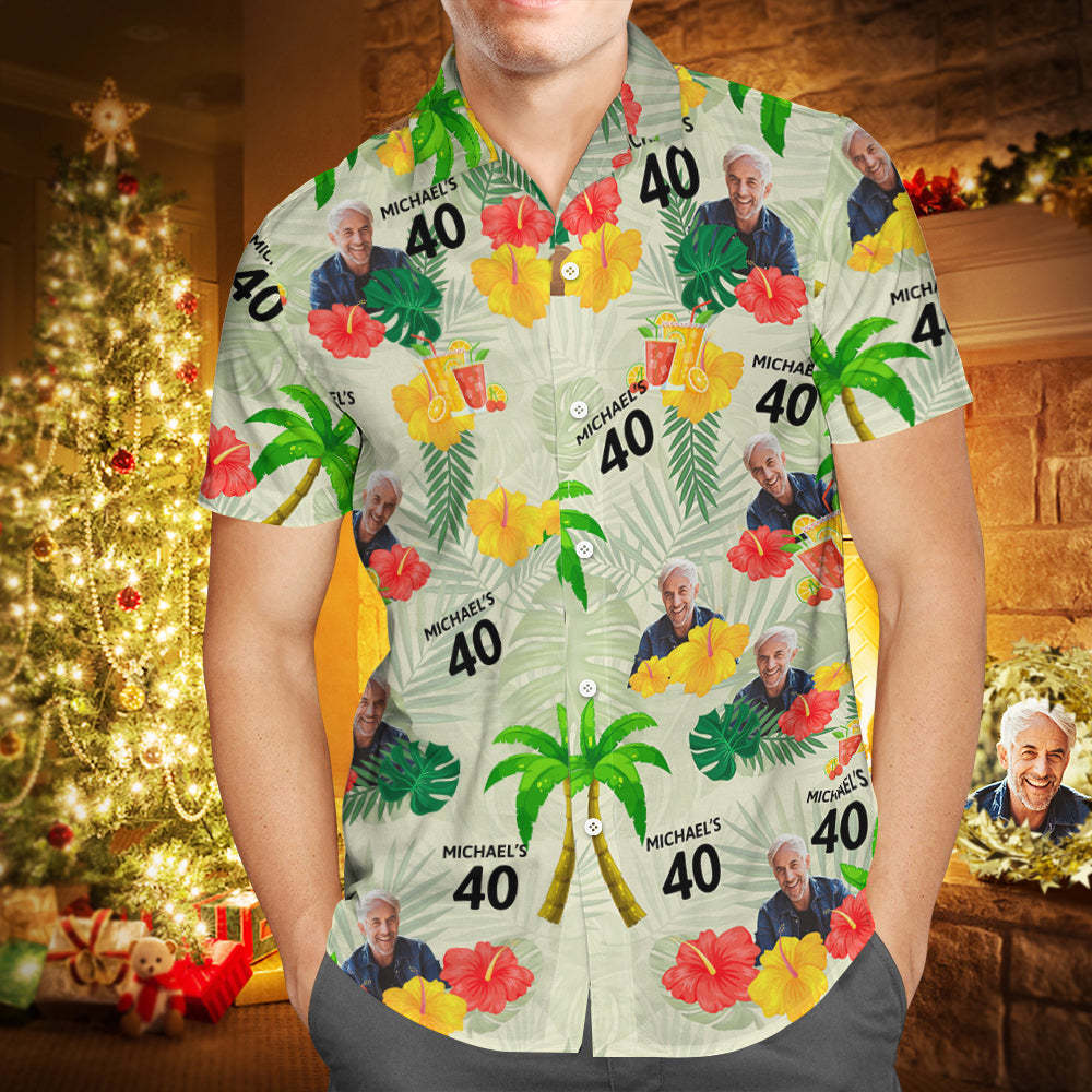 Custom Pink Date and Name Birthday Face Hawaiian Shirt  Red Flower and Coconut Tree Hawaiian Shirt - auphotoblanket