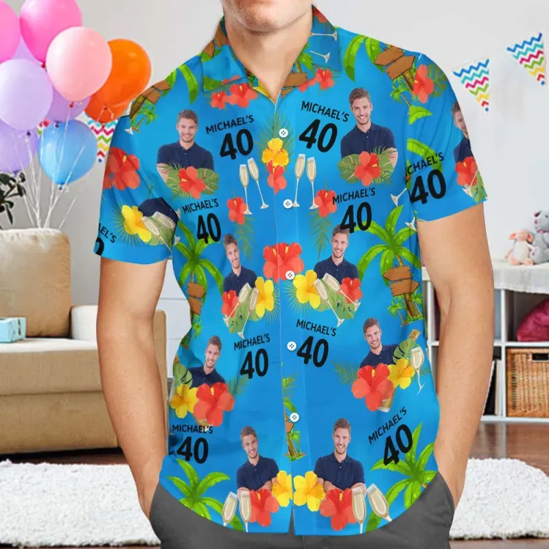 Custom Date and Name Birthday Face Hawaiian Shirt Red Flower and Palm Tree Hawaiian Shirt